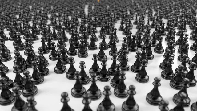 camera moves over a crowd of black pawns and focuses on the Golden pawn