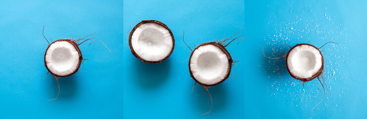 Broken Coconut isolated on a blue background. Border design. Fresh raw organic half of coco nut. Healthy Food, skin care concept. Vegan food