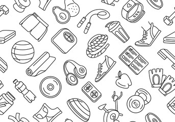 Sport, fitness, functional training background seamless doodle icons style pattern.