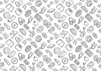 Sport, fitness, functional training background seamless doodle icons style pattern.