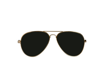 Black sunglasses in gold frame on white background. Front view. Isolated object.