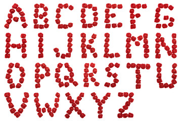 Alphabet of red roses. Letters isolated on white background. Letters from flowers.