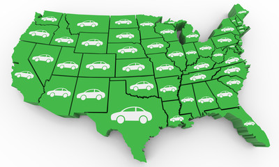 Cars Vehicles Automobile Population USA United States America Map 3d Illustration