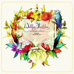Wedding invitation with roses and two hummingbirds around. This template can be used as other type of invitations and holidays. Vector - stock.