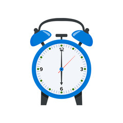 Blue alarm clock displaying six o clock in flat style illustration. Wake up symbol. Vector 6 o clock icon