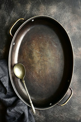 Culinary background with empty cooking pan and kitchen props.Top view with copy space.
