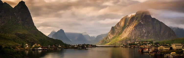 Foto auf Acrylglas Reinefjorden Reinefjorden-Sonnenuntergangpanorama