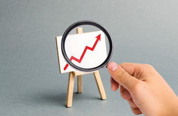 Magnifying glass is looking at the Rack with a red arrow up. Business planning and revenue...