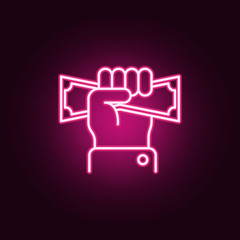 Hand, money neon icon. Elements of Law & Justice set. Simple icon for websites, web design, mobile app, info graphics
