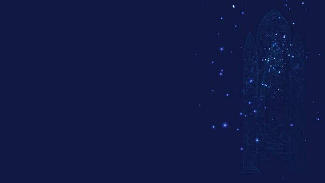 Startup concept. Shuttle launch from triangles and luminous points. Background of beautiful dark blue night sky. Polygonal animation. Low poly.