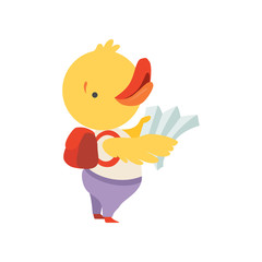 Cheerful tourist duckling with map and backpack, cute animal cartoon character travelling on summer vacation vector Illustration on a white background