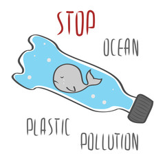 Sad baby whale in the bottle. Stop ocean plastic pollution. Cartoon vector illustration doodle style