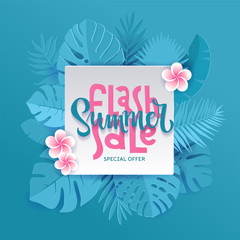 Blue Monstera palm leaves aroung white square sheet with hand lettering Flash Summer Sale Banner design in paper cut style. Origami plants with frangipani flowers. Summertime jungle floral background.