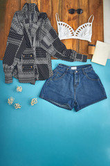 Beautiful unusual outfit presentation for fashion blog, advertising, clothing catalog. An unusual...