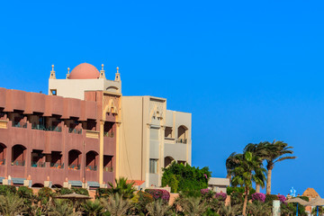 Fototapeta na wymiar Building in arabic style in Hurghada, Egypt. Beautiful eastern architecture