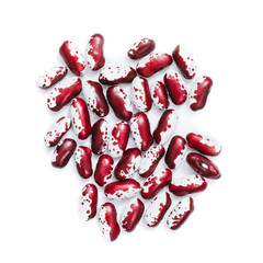 Pile of ripe speckled kidney Anasazi beans, with vivid burgundy color isolated on white background. Close-up.