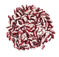 Pile of ripe speckled kidney Anasazi beans, with vivid burgundy color isolated on white background. Close-up.