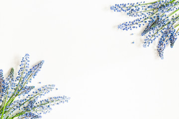 Flowers composition. Blue flowers on white background. Spring, easter concept. Flat lay, top view, copy space