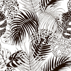 Obrazy na Szkle  Liście monstery i tropikalne palmy, czarno-biała bezszwowa ilustracja wektorowa