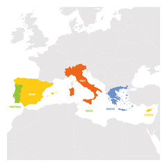 Obraz premium South Europe Region. Map of countries in southern Europe around Mediterranean Sea. Vector illustration