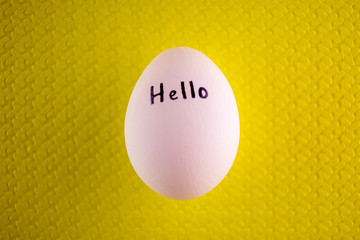 White chicken egg with black inscription hello on a yellow background.