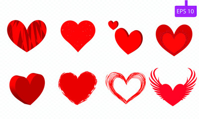 Red heart set drawn icons isolated on transparent background for web site, sticker, love logo, label. High resolution
