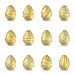 Set of realistic golden Easter eggs decorated with different patterns isolated on white background