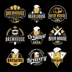 Vector white and yellow vintage beer logo - obrazy, fototapety, plakaty