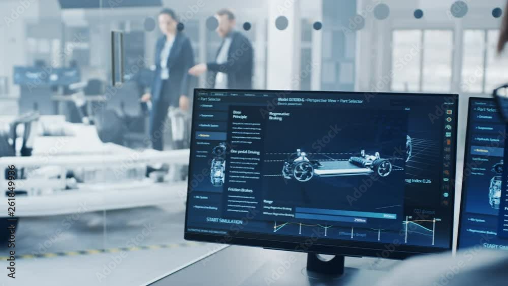 Aufkleber professional engineer works on a computer with a 3d cad software and tests the electric car chassis 