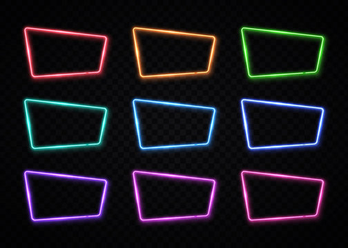 Neon frame sign collection in square shape. Blank color set template. Night club, bar, show, game design element. 80s style vector illustration.