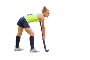 Young slim field hockey player girl with stick isolated on white background