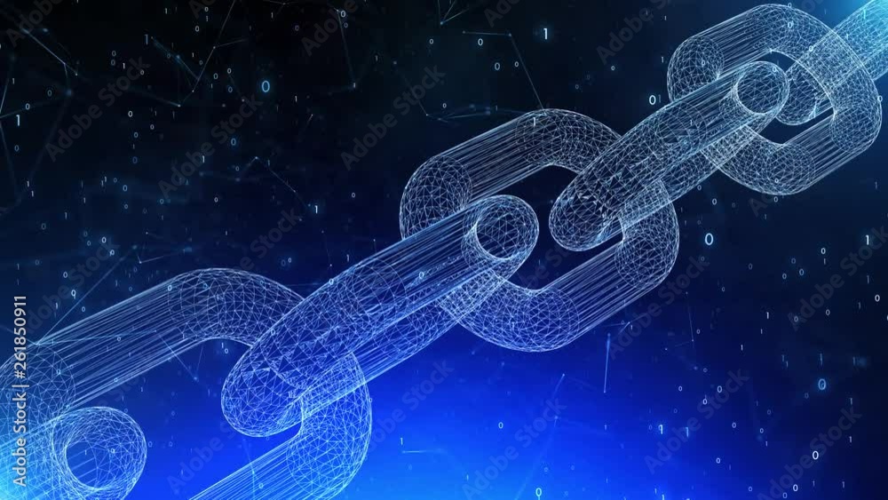 Wall mural digital computer data and network connection structure of illuminated blockchain chain on dark blue 