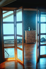 interior house, partition glass door / inside loft bulkhead interior