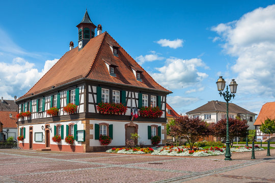 Traditional half-timbered houses in the streets of the small town of Seebach in Alsace