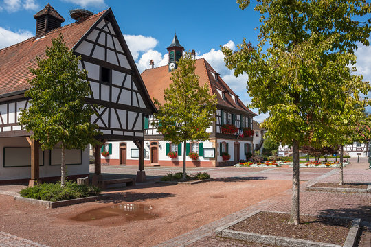 Traditional half-timbered houses in the streets of the small town of Seebach in Alsace