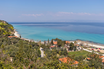 Fototapeta na wymiar Coastline of historical town of Afytos, Kassandra, Chalkidiki, Central Macedonia, Greece