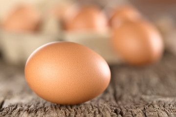 Raw brown egg with egg box in the back (Very Shallow Depth of Field, Focus on the front of the first egg)