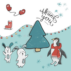 Merry Christmas and Happy New Year. Christmas Cute Animals Penguin, Bunny Character. Happy Christmas card in snow scene. Winter landscape, greeting, birthday, party card