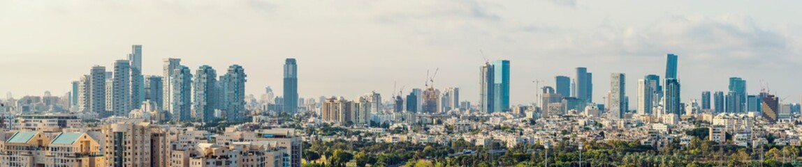 Fototapeta na wymiar Panorama Of Tel Aviv Skyline, Tel Aviv Cityscape Panorama At Day