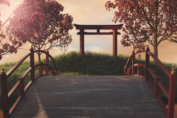 3d rendering of japanese shinto next to japanese cherry trees - obrazy, fototapety, plakaty