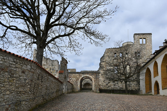 courtyard in the castle ruin Hellenstein on the hill of Heidenheim an der Brenz in southern Germany against a blue sky with clouds, copy space