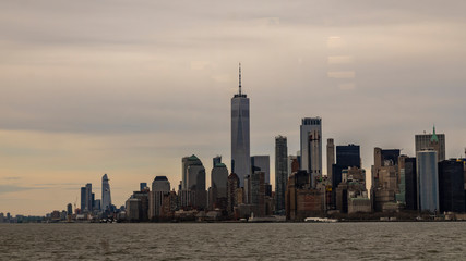 Skyline of Manhattan in NYC USA seen from a ferry 