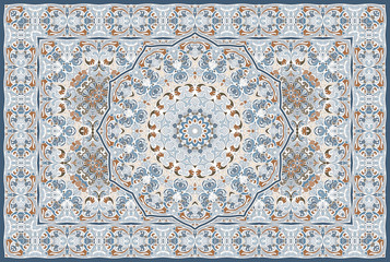 Vintage Arabic pattern. Persian colored carpet. Rich ornament for fabric design, handmade, interior decoration, textiles. Blue background. - 261856916
