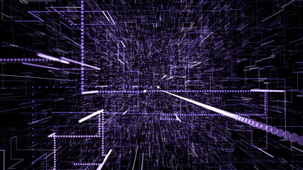 Purple abstract virtual space. 3d illustration flying through digital data tunnel. Data tunnel journey, transmission of digital information. Futuristic 3d rendering of a hi-tech cyber space line