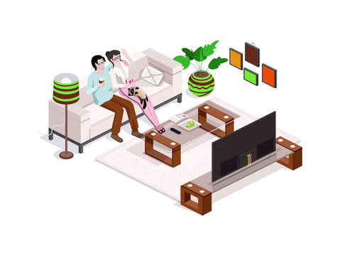 Happy family watching tv at home, interior with furniture. Man and woman on the couch.3d isometric composition.Vector isolate.