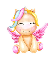 Watercolor fairytale cute unicorn with wings. Children's watercolor illustration for baby.