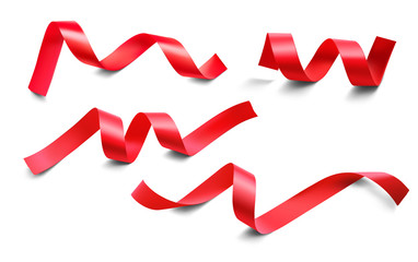 Set of realistic red ribbons on white background. Vector illustration. Ready for your design. Can be used for greeting card, holidays, gifts and etc. EPS10. - obrazy, fototapety, plakaty