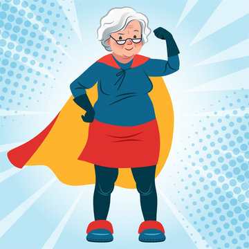 Grandma in superhero costume standing with arm flexed vector cartoon illustration. Smiling friendly confident Caucasian senior woman wearing cape. Lifestyle, active old age, health theme.