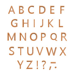 Capital wooden letter ABC alphabet set including multiple punctuation symbols isolated over the white background