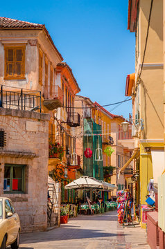 Traditional cozy greek street in city Nafplio, Greece